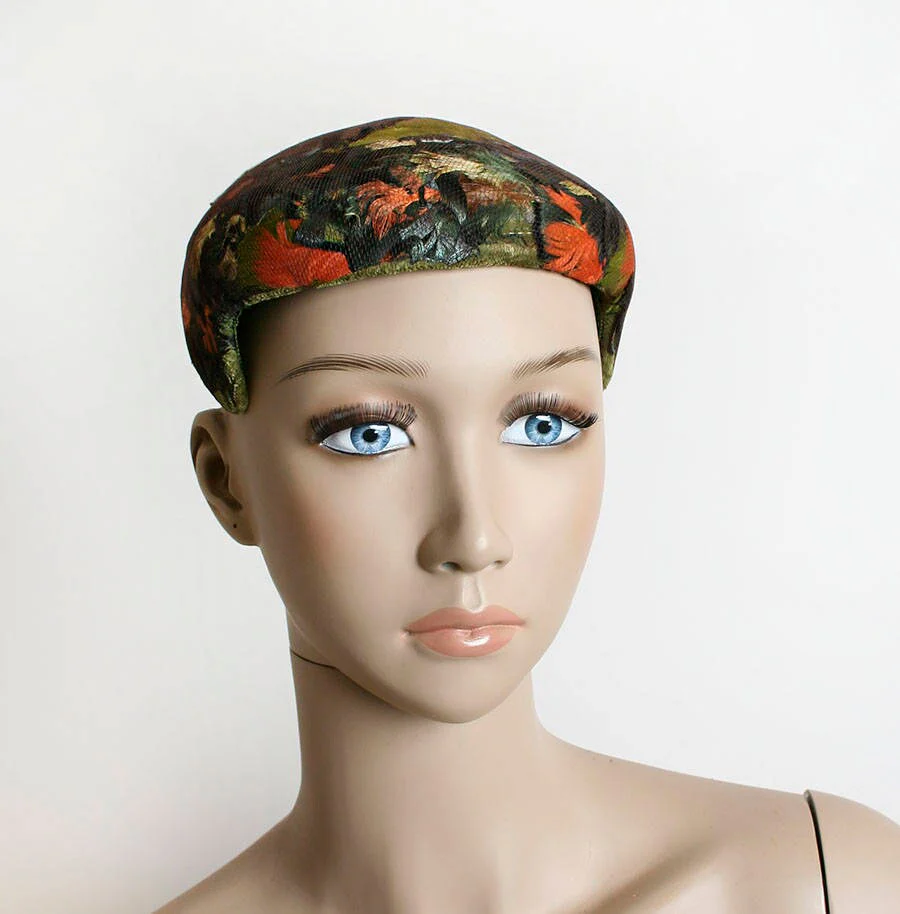 Vintage 60s Feather Hat Brown Mousse Tulle Netting with Autumn Orange and Green Feathers Velvet Bow Pillbox Style Cap - Image 3