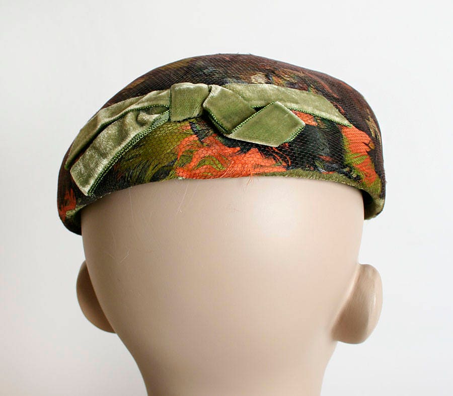 Vintage 60s Feather Hat Brown Mousse Tulle Netting with Autumn Orange and Green Feathers Velvet Bow Pillbox Style Cap - Image 4