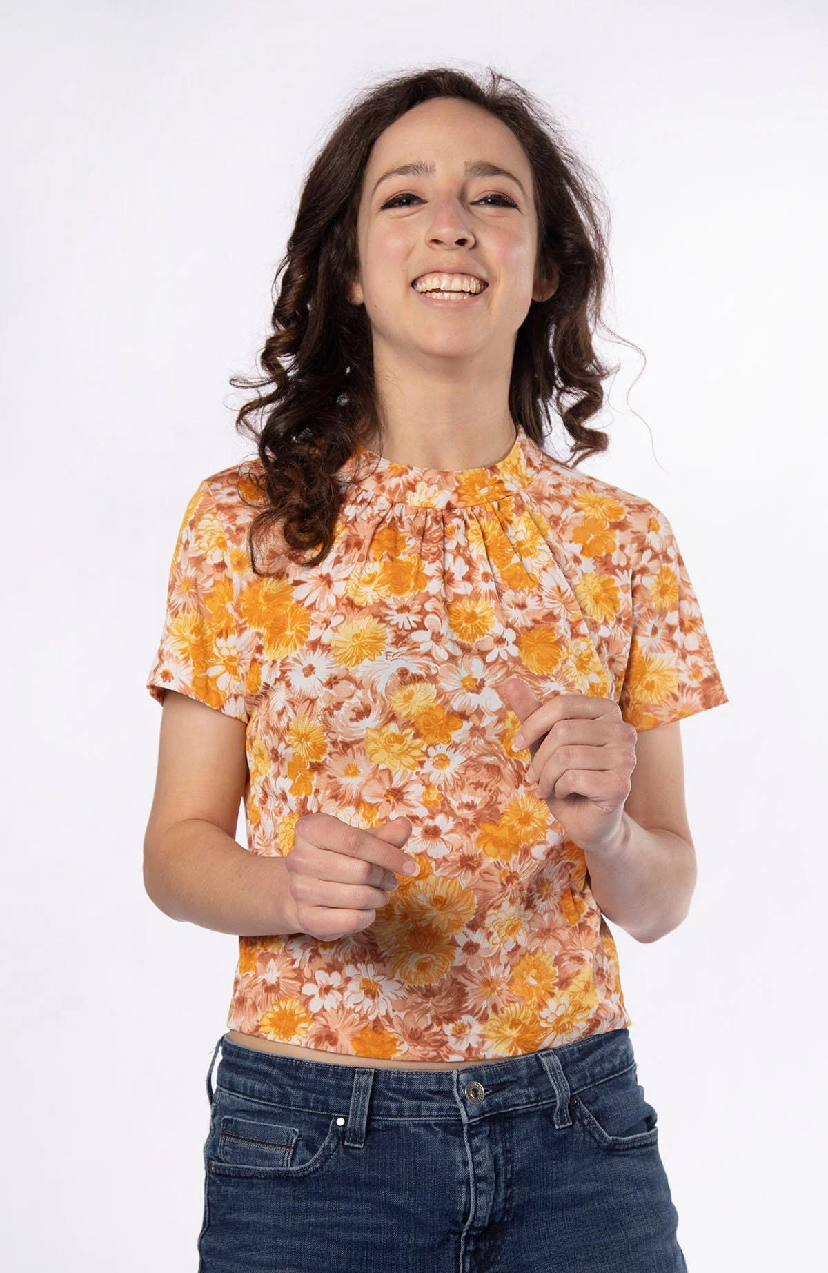Vintage 60s Floral Blouse - Mustard and Lemon Yellow with Cocoa Brown Flower Garden Print Nylon Jersey Blouse Shirt - Small - Image 3