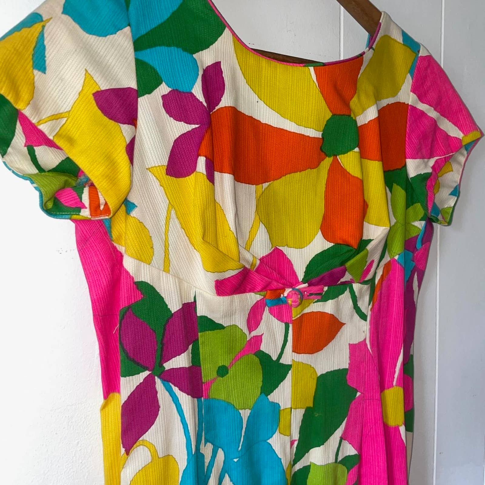 Vintage 60s Floral Cotton Linen Tropical Maxi Dress - Image 4