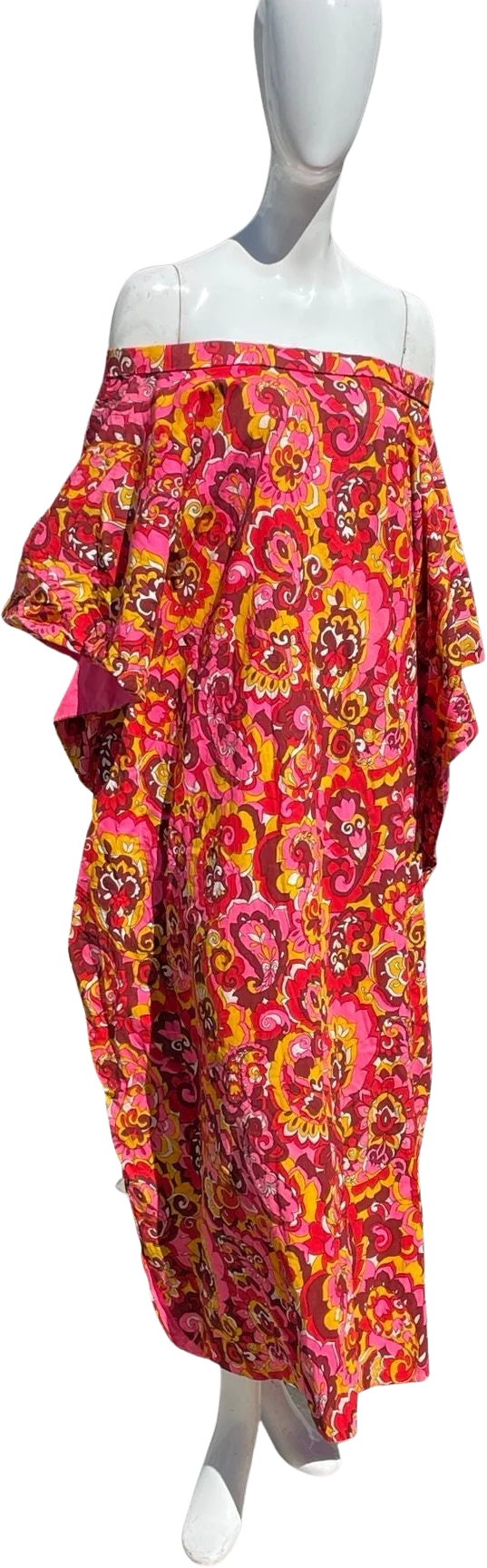 Vintage 60s Floral Kaftan Dress Off Shoulders Mod Novelty Print Psychedelic Daisies Cocktail Party Hostess Sl Palm Springs Mid Century