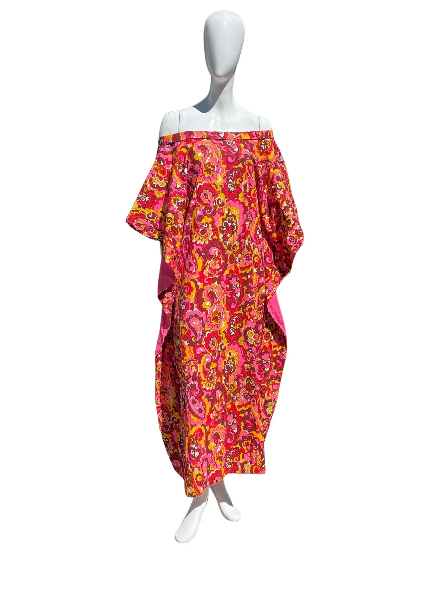 Vintage 60s Floral Kaftan Dress Off Shoulders Mod Novelty Print Psychedelic Daisies Cocktail Party Hostess Sl Palm Springs Mid Century - Image 5