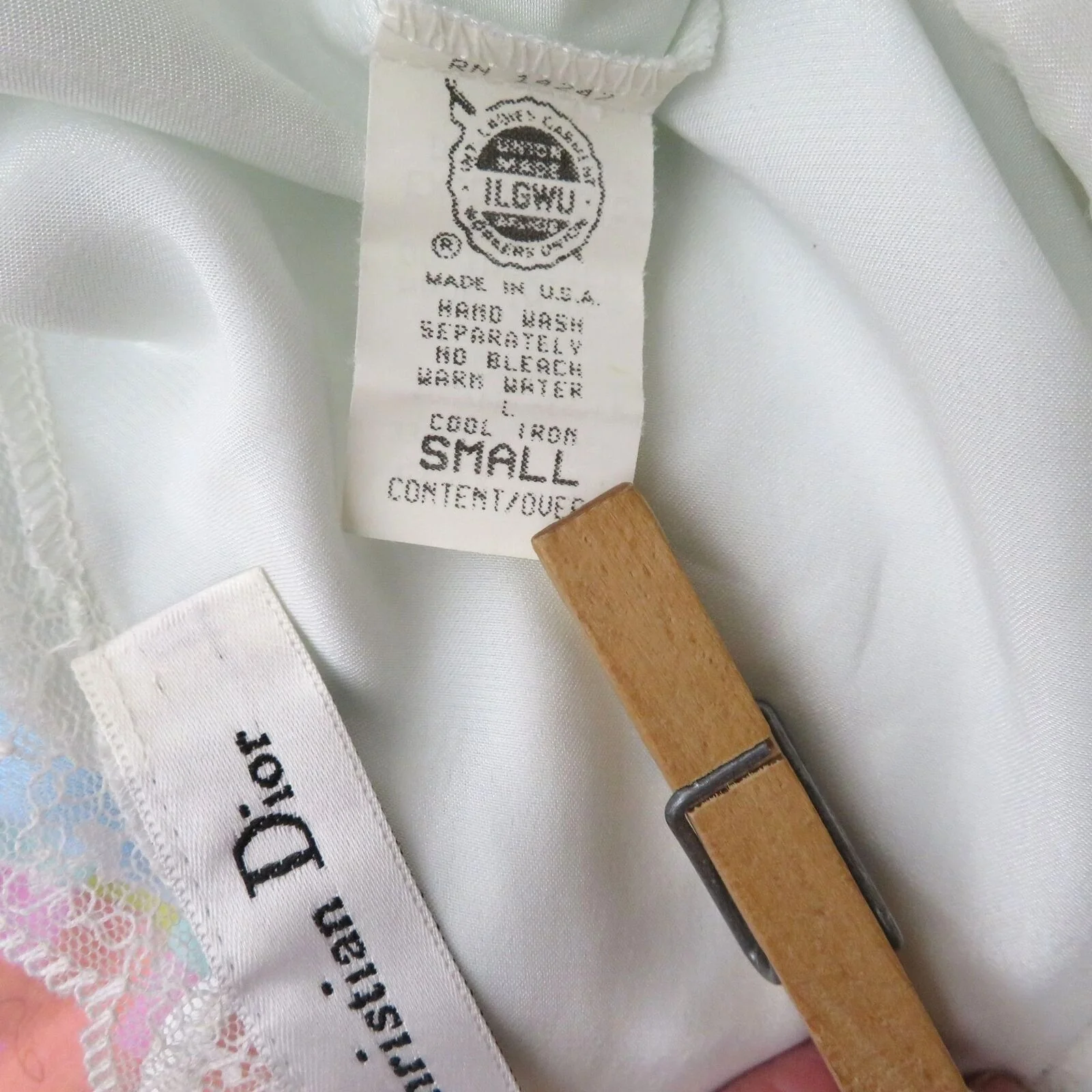 Vintage 60s Full Length Slip Nightgown S Blue Lace Logo Union Tag by Christian Dior - Image 11