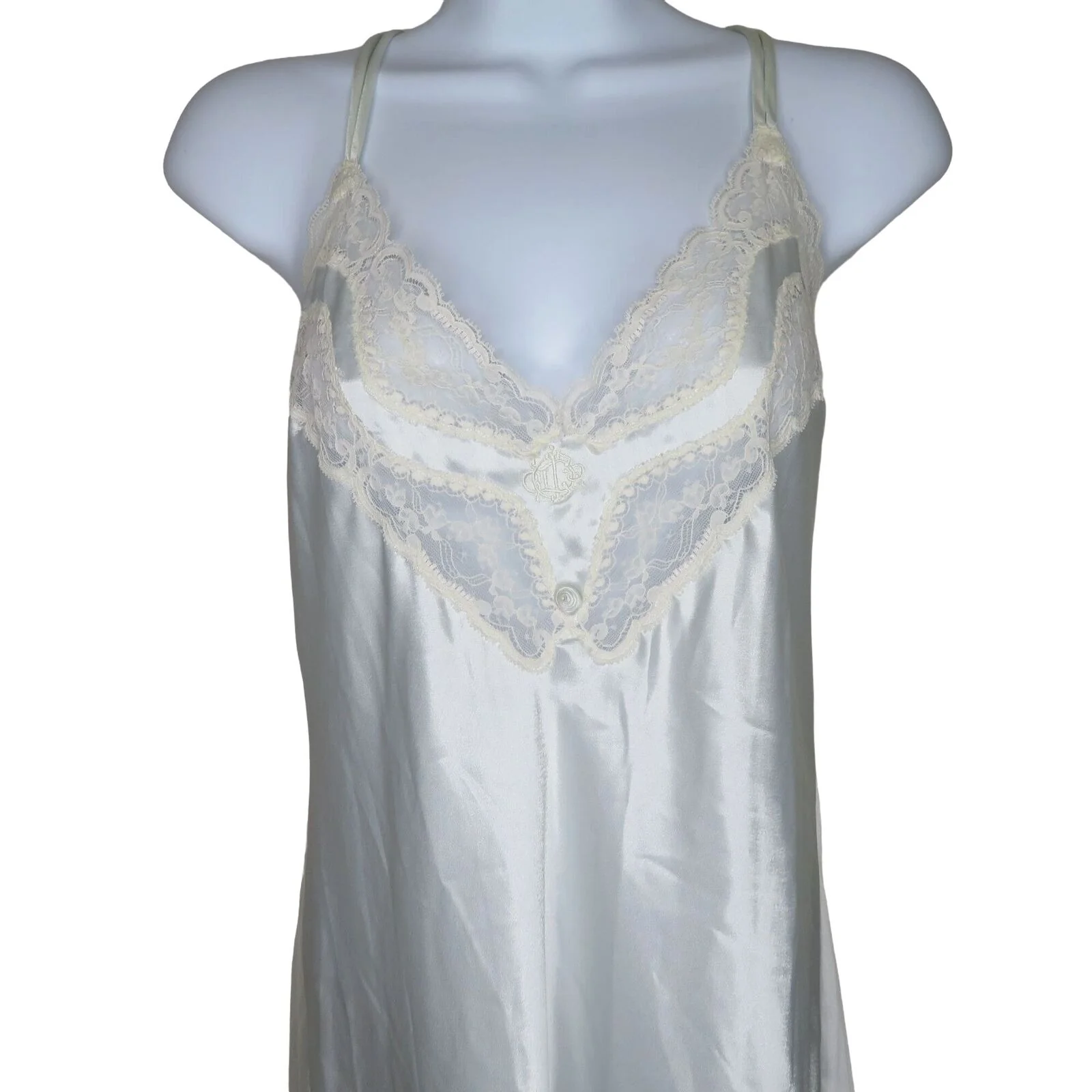 Vintage 60s Full Length Slip Nightgown S Blue Lace Logo Union Tag by Christian Dior - Image 3