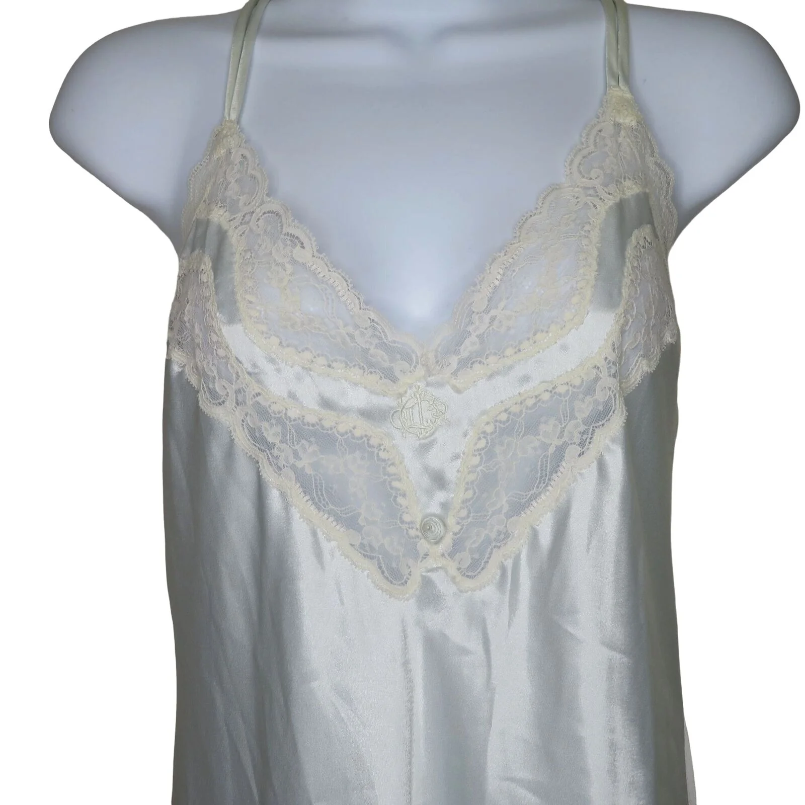 Vintage 60s Full Length Slip Nightgown S Blue Lace Logo Union Tag by Christian Dior - Image 4
