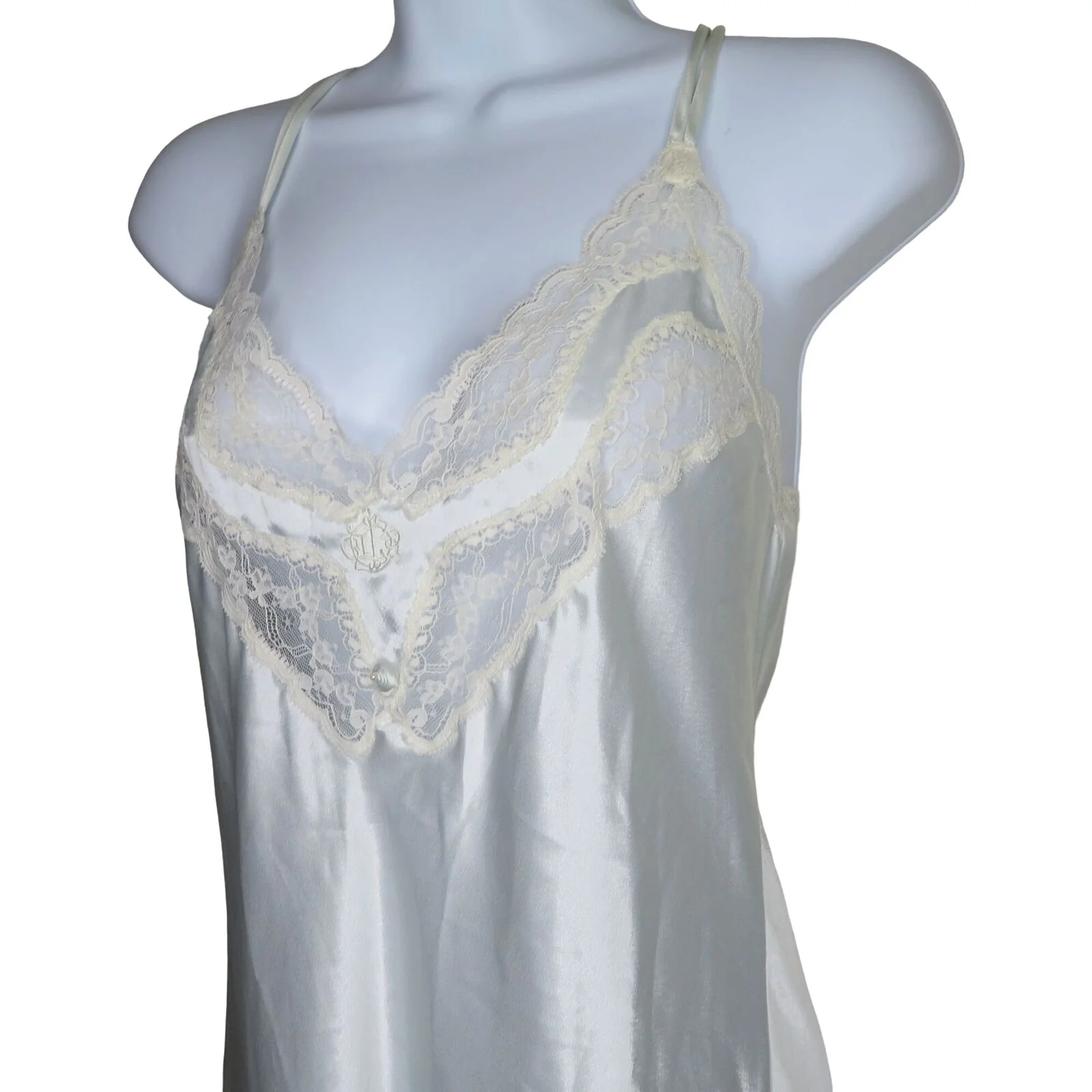 Vintage 60s Full Length Slip Nightgown S Blue Lace Logo Union Tag by Christian Dior - Image 7