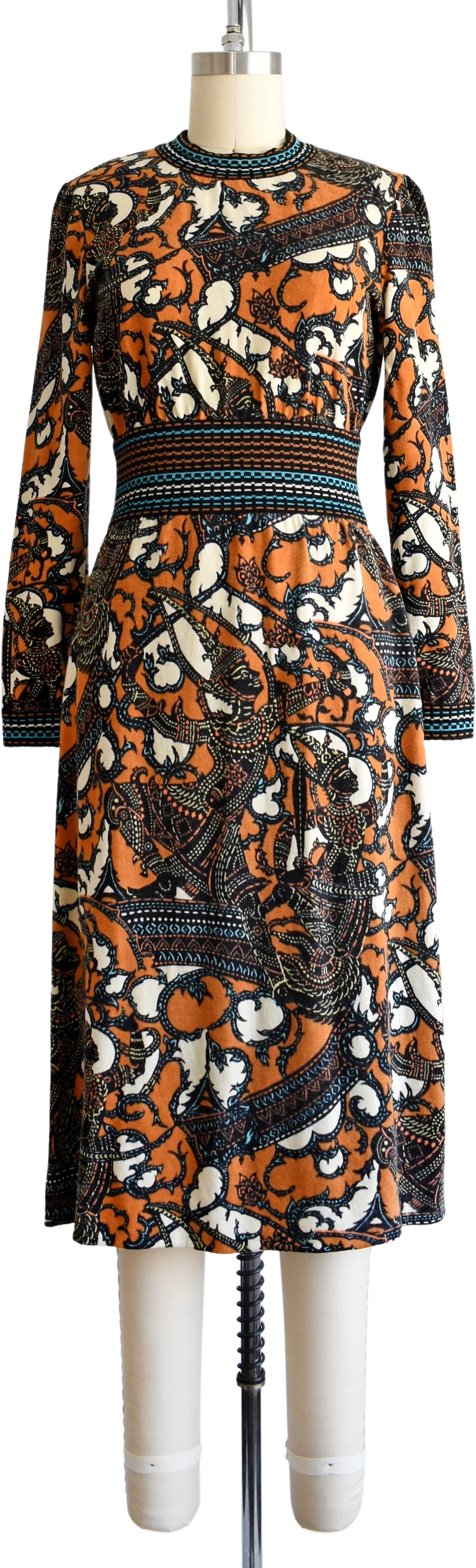 Vintage 60s Goldworm Dress 60s Merino Wool Dres, Southeast Asian Thailand Dancers 70s Dress, Small