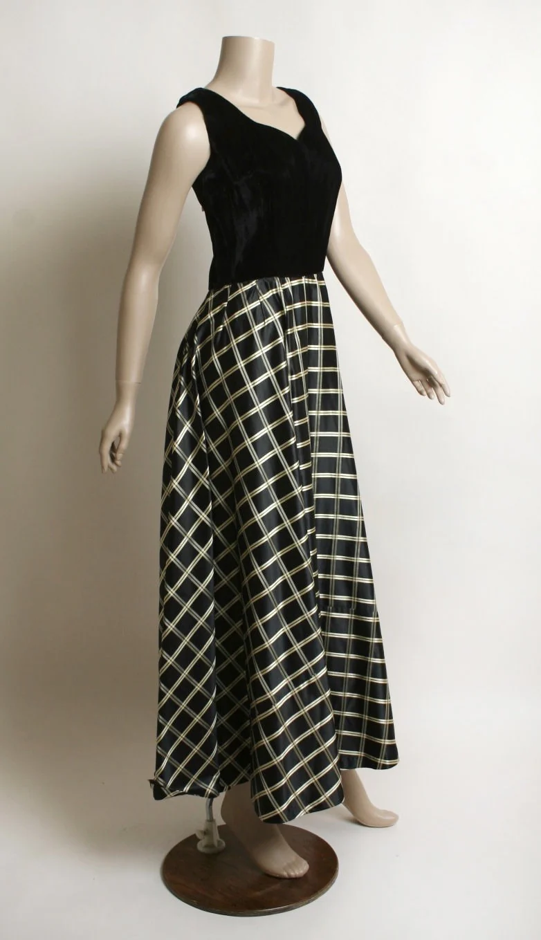 Vintage 60s Gown Black Velvet Bodice with Gold and Black Cross Checkered Striped Maxi Floor Length Skirt Noir Look Small - Image 4