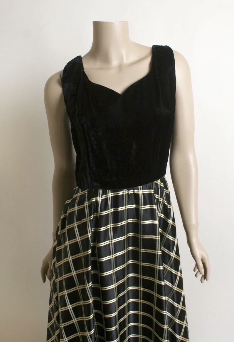 Vintage 60s Gown Black Velvet Bodice with Gold and Black Cross Checkered Striped Maxi Floor Length Skirt Noir Look Small - Image 9