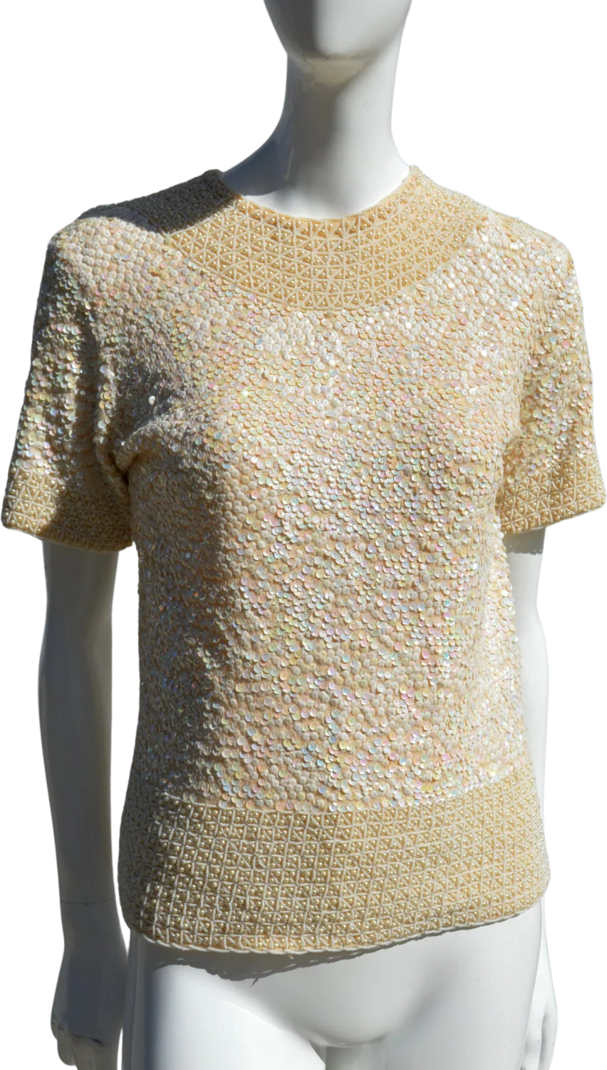 Vintage 60s Hand Embroidered Hong Kong Imperial Top Blouse All Sequins Pearls and Bead Fab Glam Mod Space Age Small