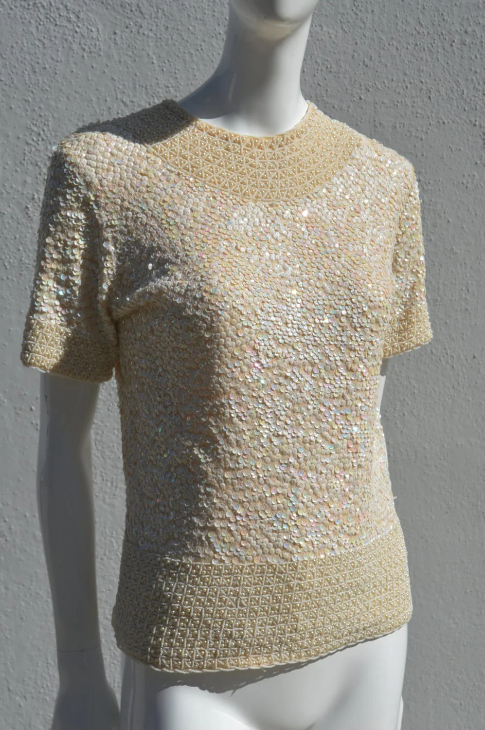 Vintage 60s Hand Embroidered Hong Kong Imperial Top Blouse All Sequins Pearls and Bead Fab Glam Mod Space Age Small - Image 5