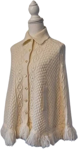 60s Vintage Off White Fringe Cable Knit Cape Poncho