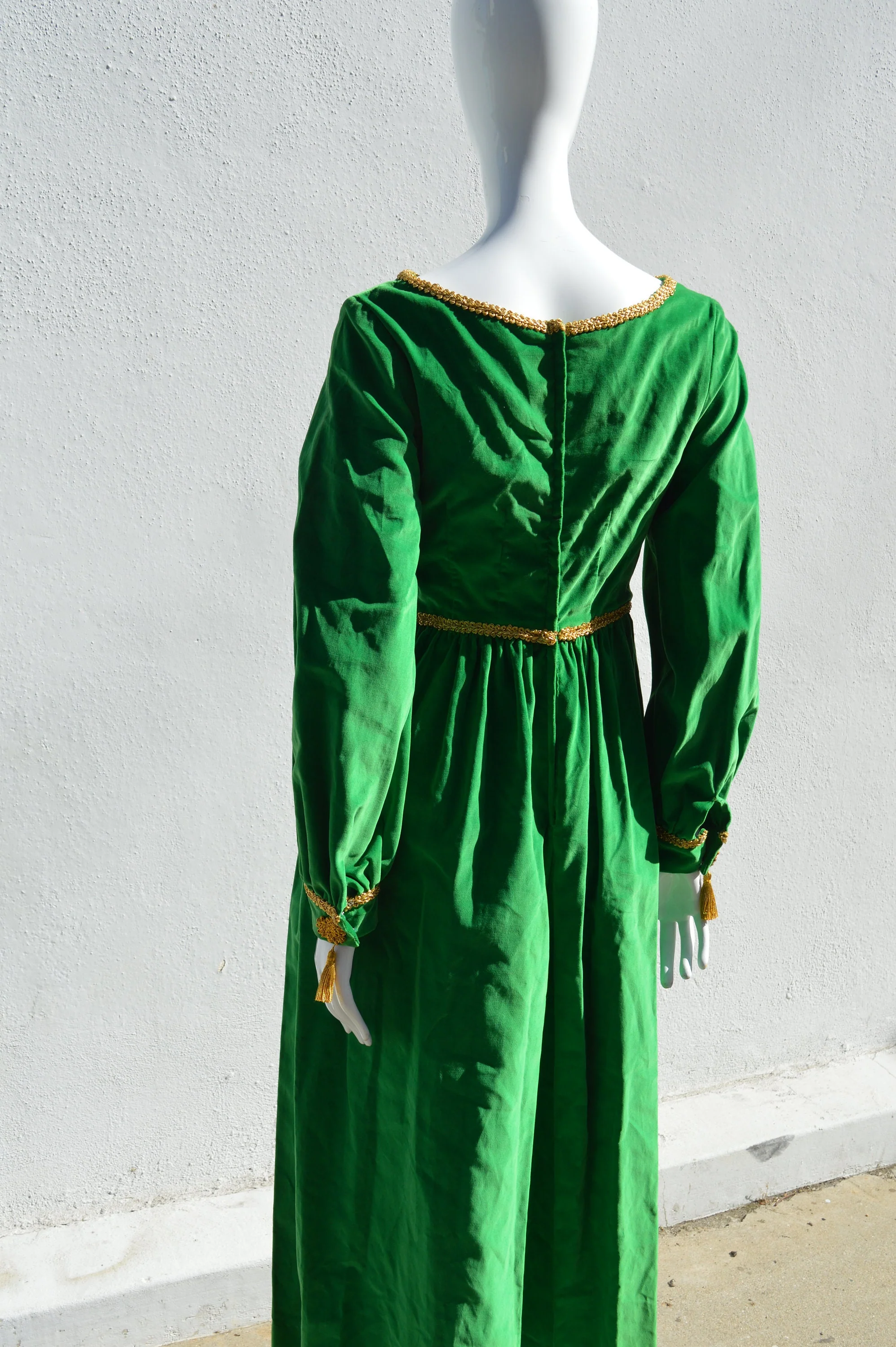 Vintage 60s Hostess Green I Dream of Jeannie Jumpsuit Size Small Maxi Velvety Gold Trim Mid Century Mod Wide Pleated Pants - Image 5