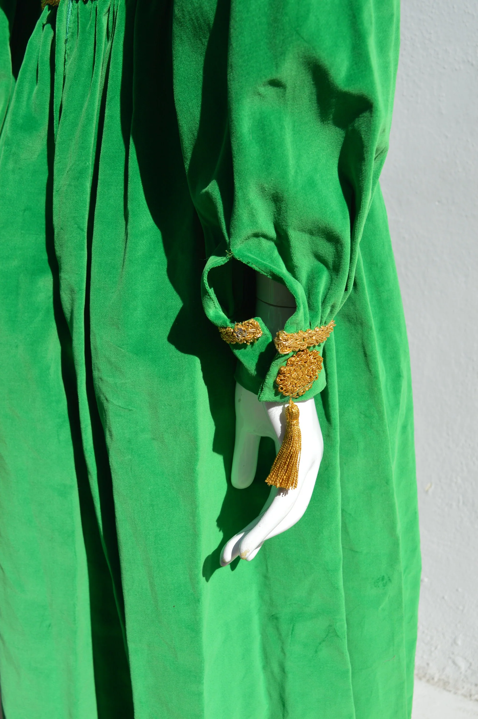 Vintage 60s Hostess Green I Dream of Jeannie Jumpsuit Size Small Maxi Velvety Gold Trim Mid Century Mod Wide Pleated Pants - Image 7