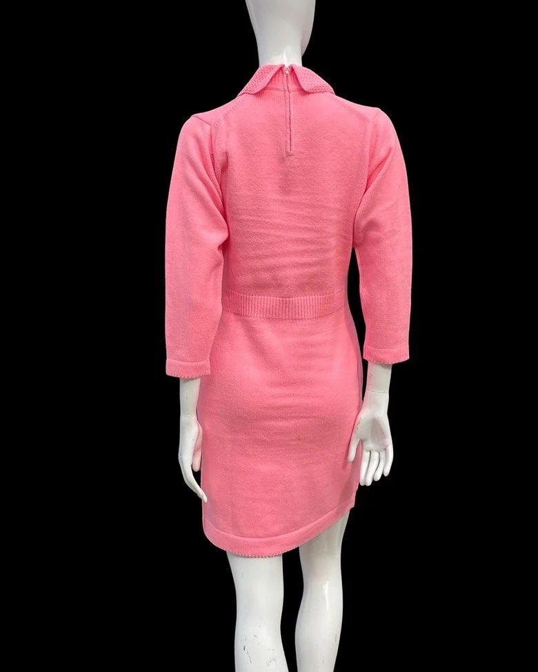 Vintage 60s Hot Pink Shift Sweater Dress Mod Space Age Knit Dress Size L Never Used Old Stock by Golden Key - Image 2