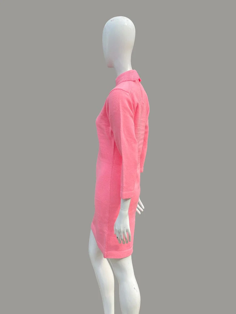 Vintage 60s Hot Pink Shift Sweater Dress Mod Space Age Knit Dress Size L Never Used Old Stock by Golden Key - Image 4