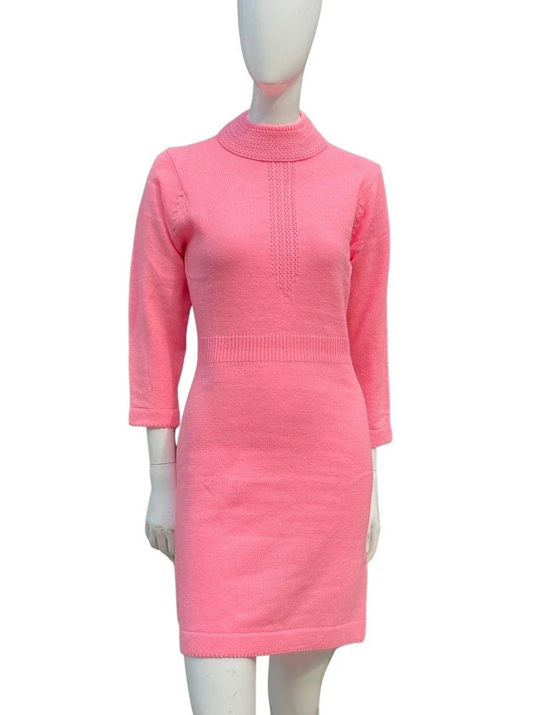 Vintage 60s Hot Pink Shift Sweater Dress Mod Space Age Knit Dress Size L Never Used Old Stock by Golden Key - Image 5