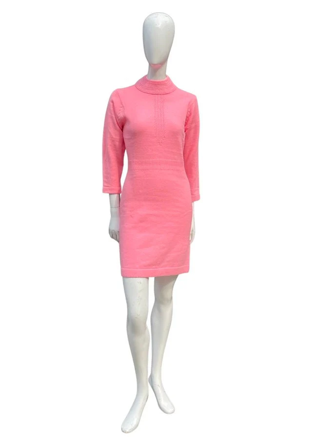 Vintage 60s Hot Pink Shift Sweater Dress Mod Space Age Knit Dress Size L Never Used Old Stock by Golden Key - Image 7