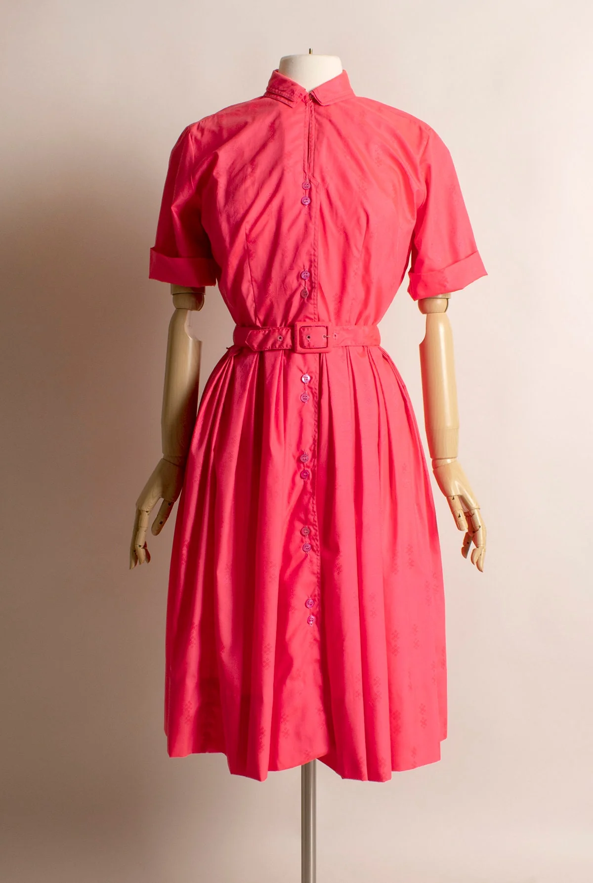 Vintage 60s Hot Pink Shirtwaist Dress Small by Nan-Leslie - Image 3