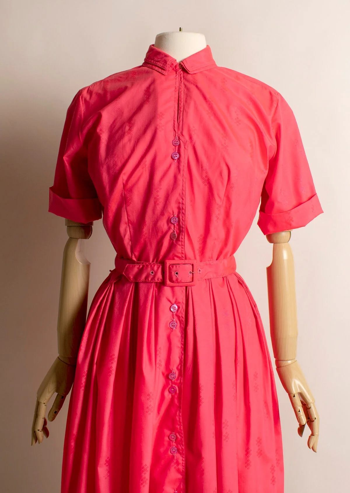 Vintage 60s Hot Pink Shirtwaist Dress Small by Nan-Leslie - Image 5