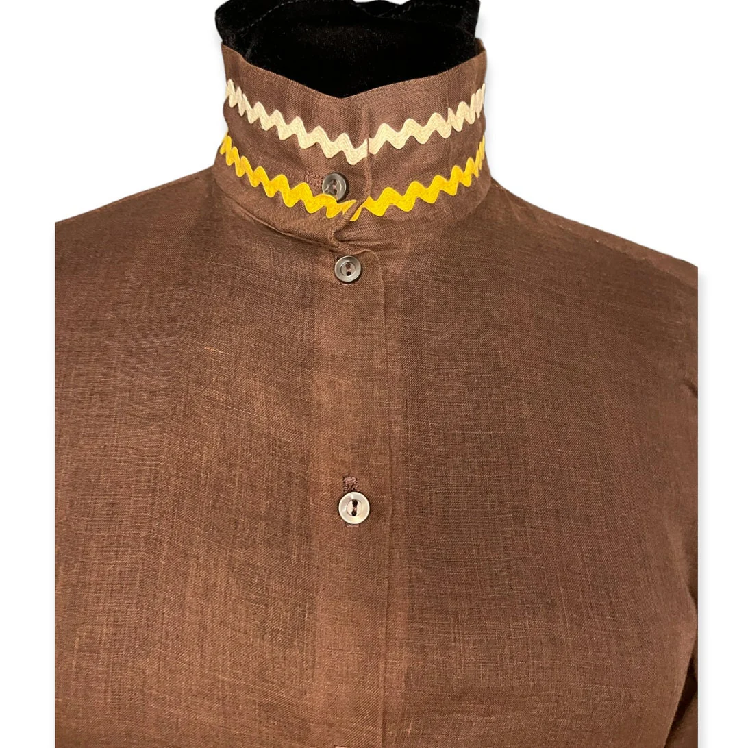Vintage 60s Ilgwu Brown Yellow Zig Zag Long Sleeve Shirt Deadstock Med Large Nwt by Voila - Image 3