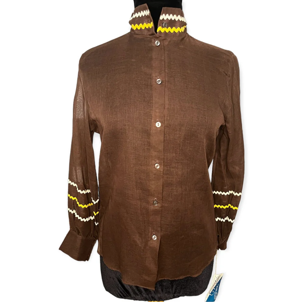 Vintage 60s Ilgwu Brown Yellow Zig Zag Long Sleeve Shirt Deadstock Med Large Nwt by Voila - Image 4