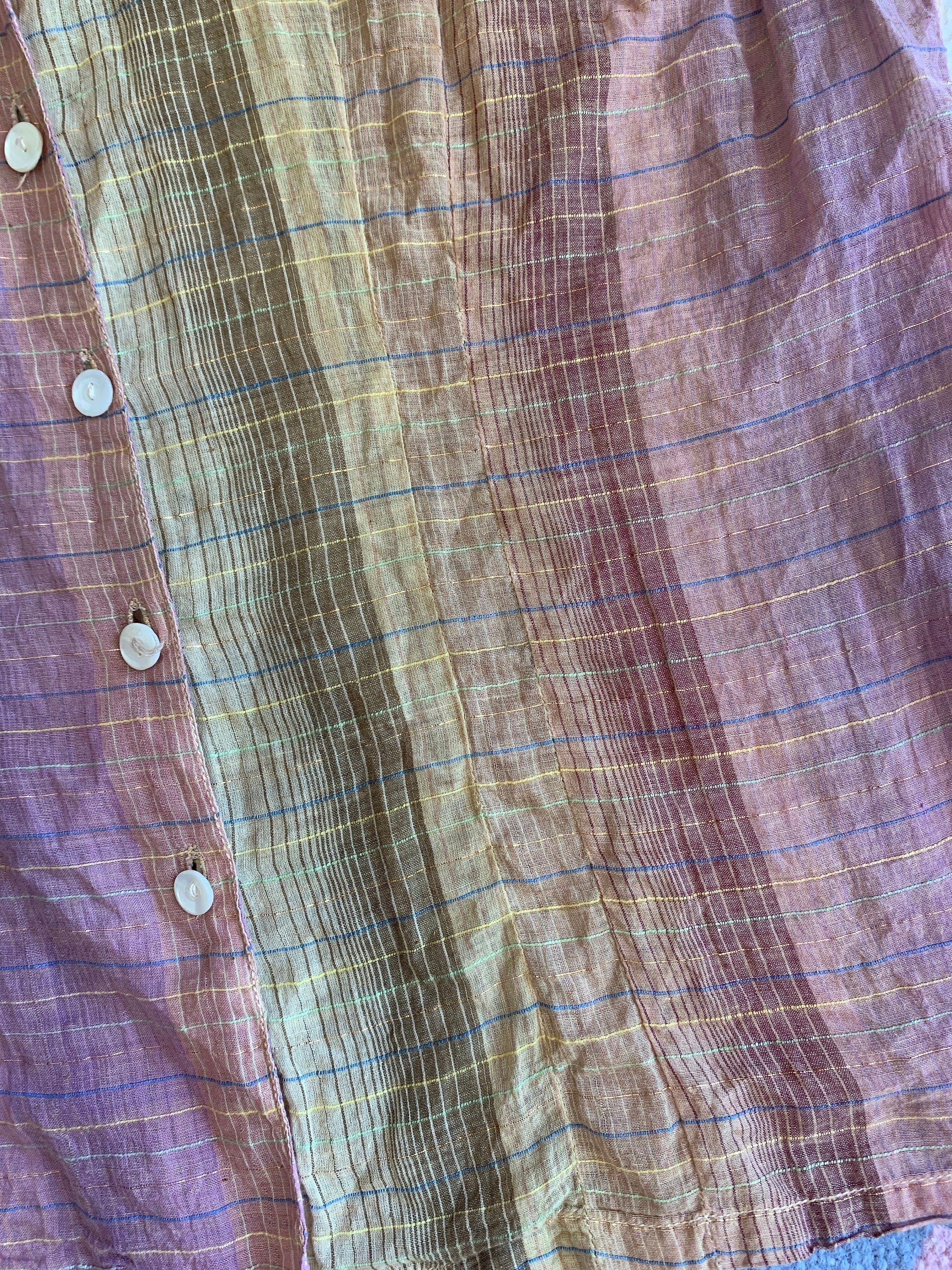 Vintage 60s India Cotton Semi Sheer Gold Threading Plaid Top Sz M by FC LTD - Image 3
