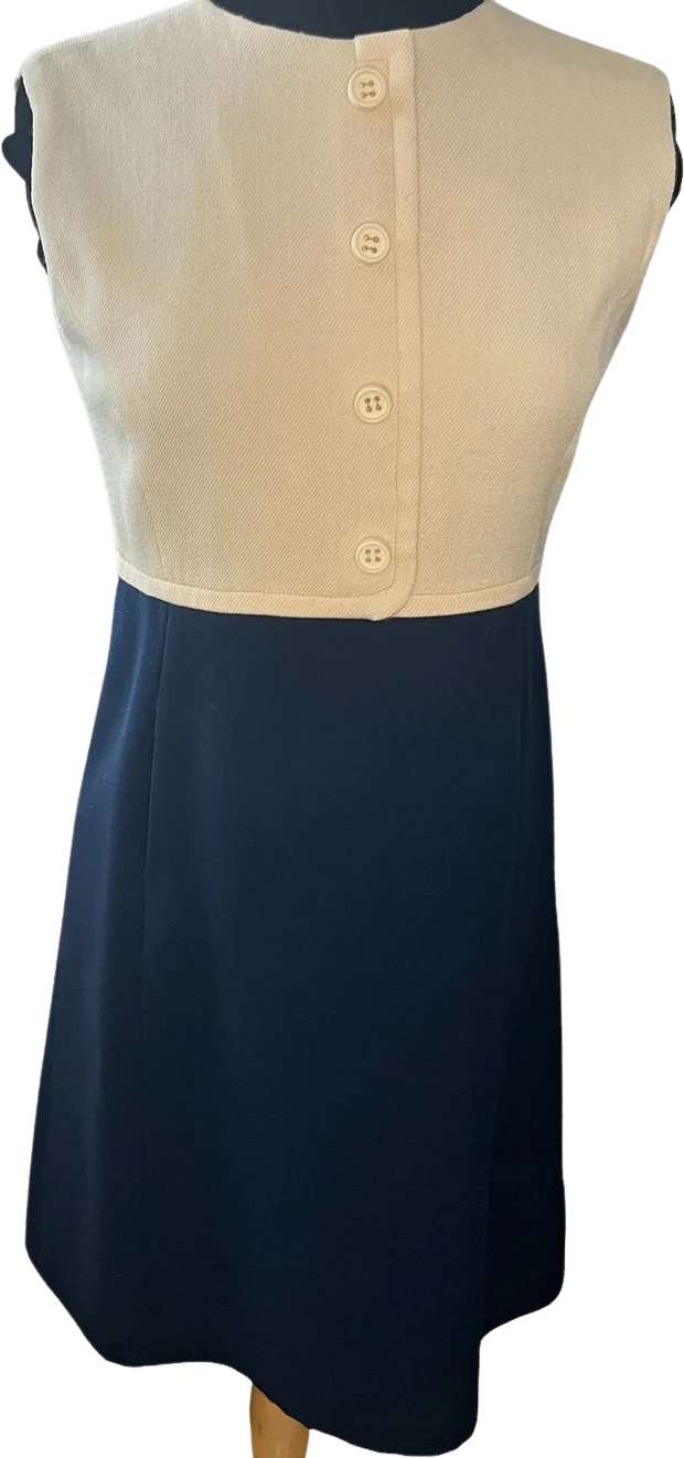 Vintage 60s Ivory Cream Navy Blue A-Line Wool Dress Small Medium Retro Twee