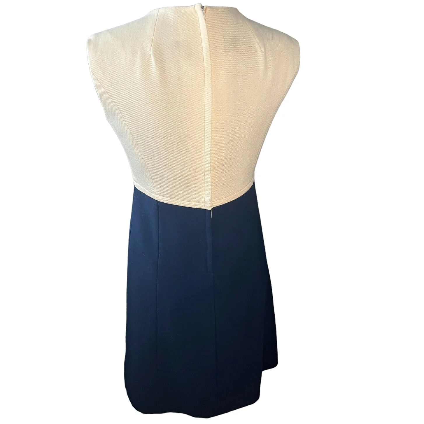 Vintage 60s Ivory Cream Navy Blue A-Line Wool Dress Small Medium Retro Twee - Image 2