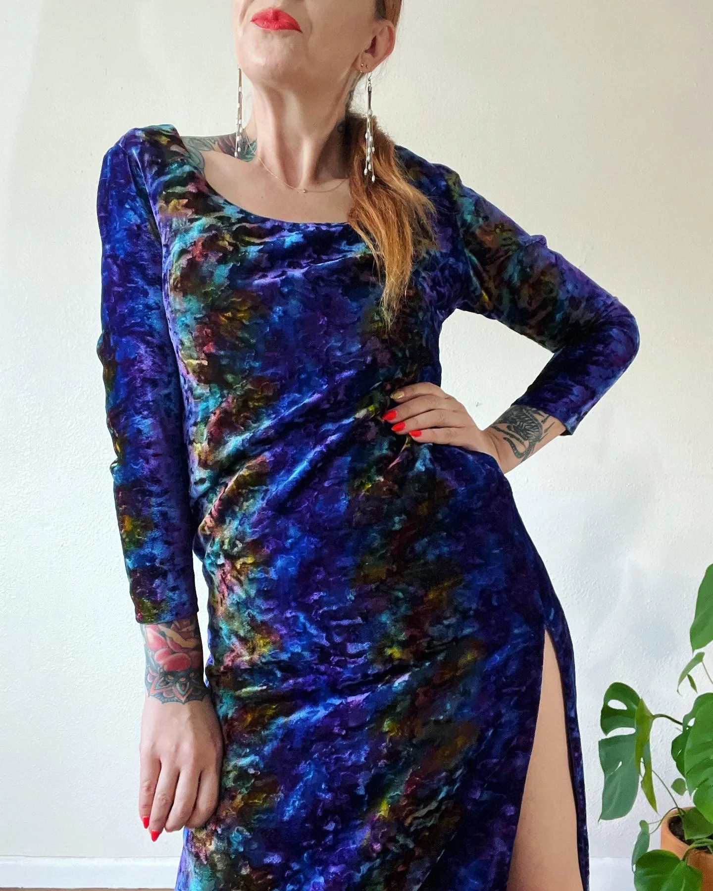 Vintage 60s Jewel Tone Kaleidoscope Tie Dye Crushed Velvet Maxi Dress with a Dramatic Deep Side Slit and Scooped Neckline - Image 2