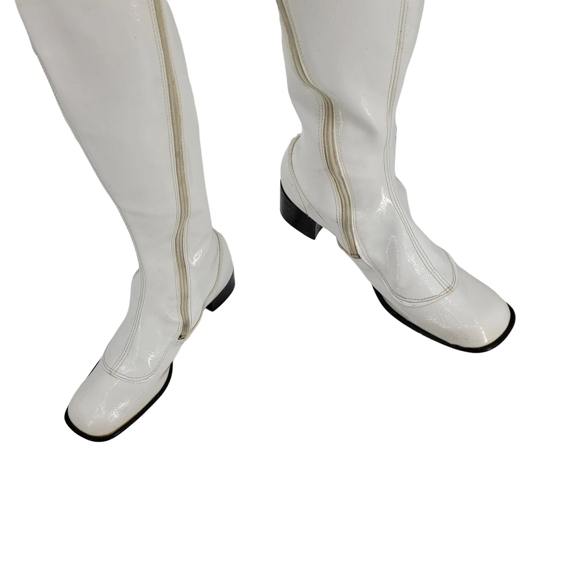 Vintage 60s Knee High Boots White Patent Leather Block Heel Zip Up 8. 5 Mod Gogo - Image 15