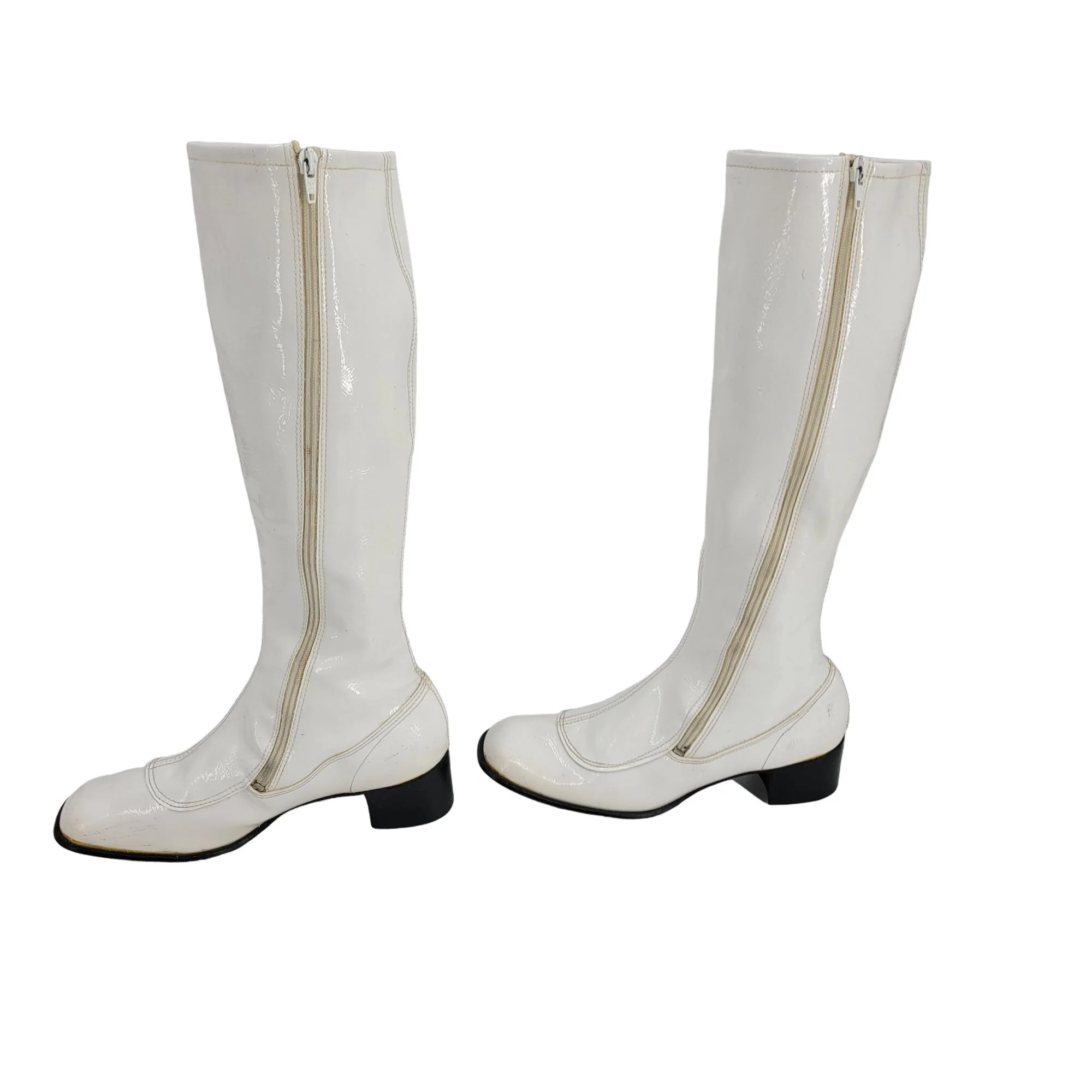 Vintage 60s Knee High Boots White Patent Leather Block Heel Zip Up 8. 5 Mod Gogo - Image 4