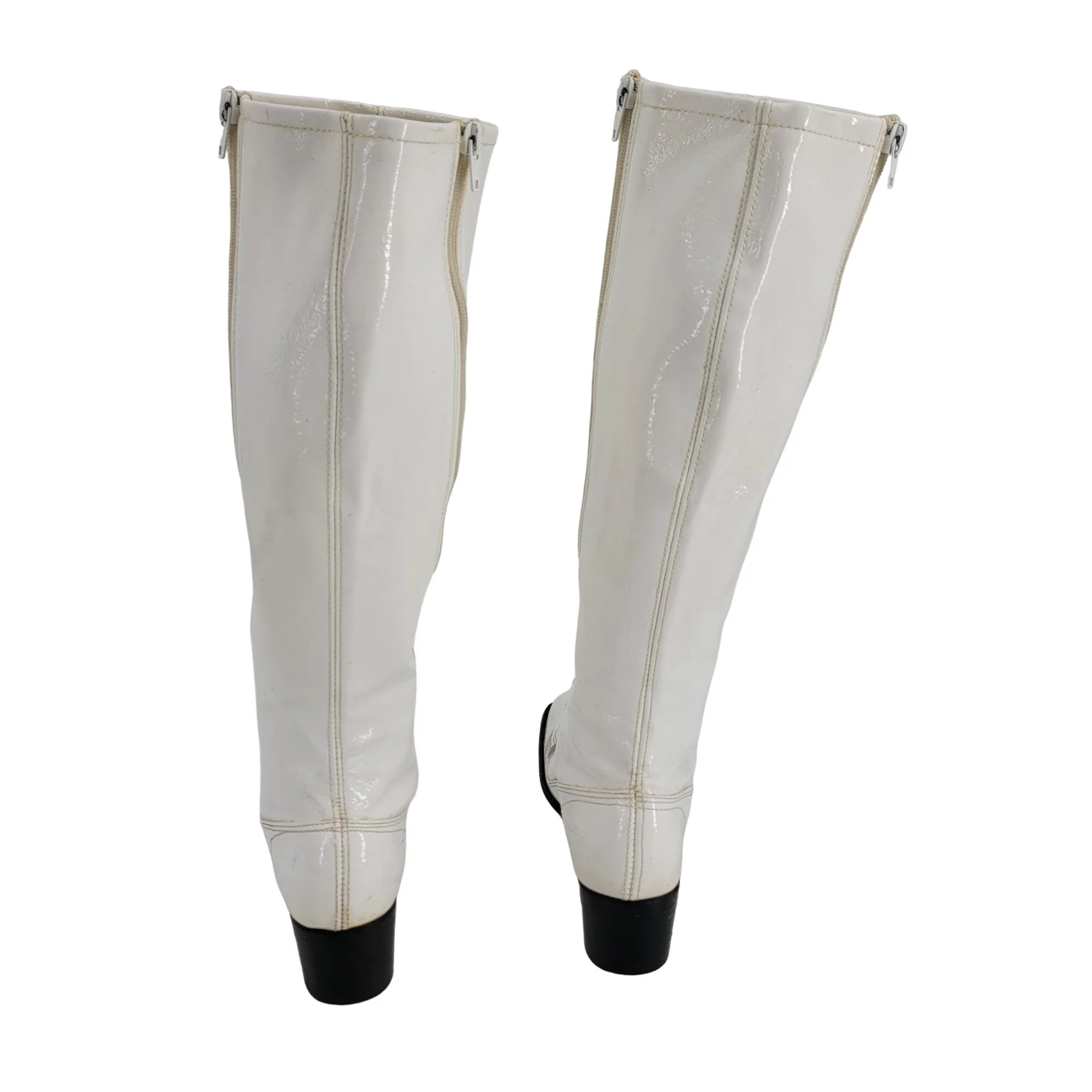 Vintage 60s Knee High Boots White Patent Leather Block Heel Zip Up 8. 5 Mod Gogo - Image 5