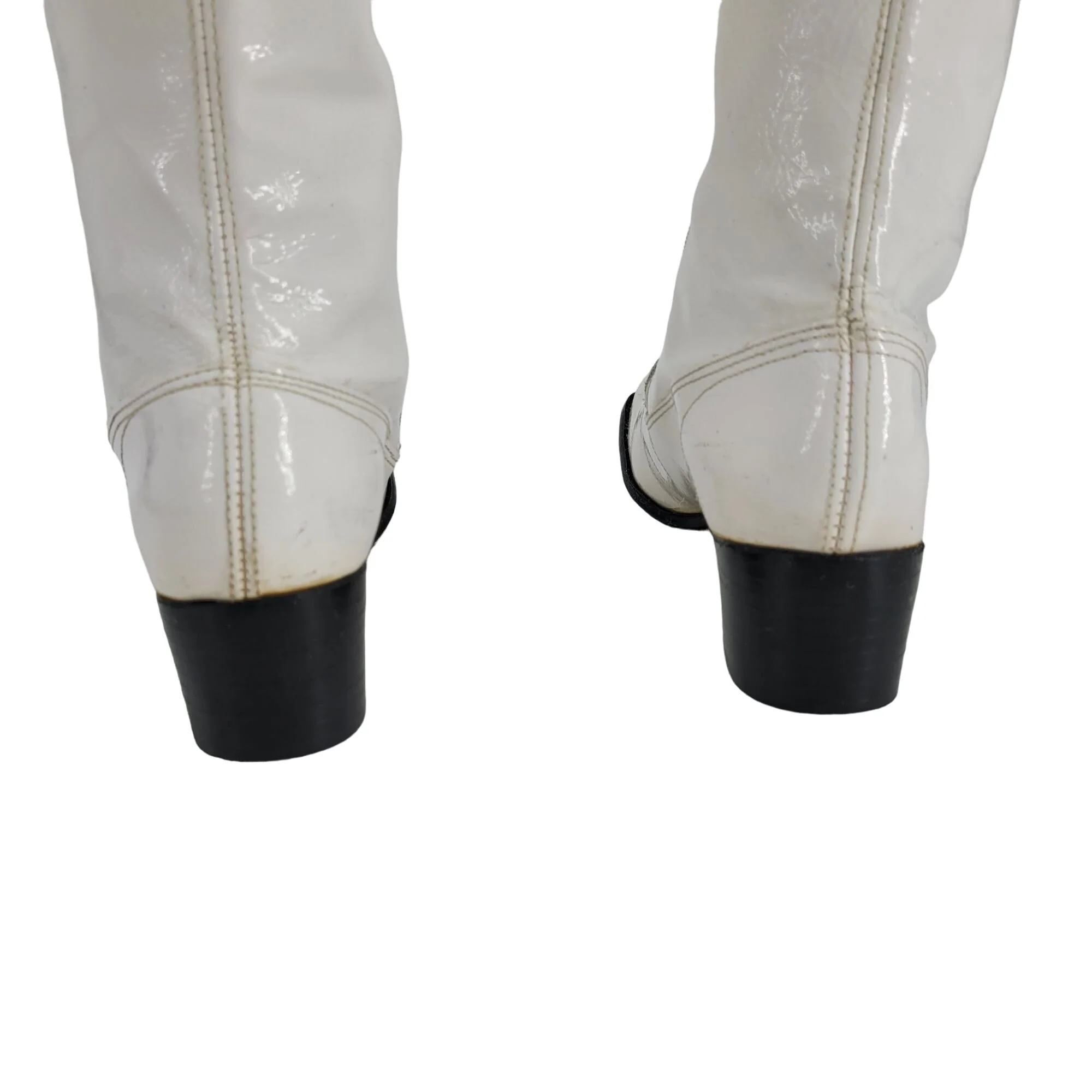 Vintage 60s Knee High Boots White Patent Leather Block Heel Zip Up 8. 5 Mod Gogo - Image 7