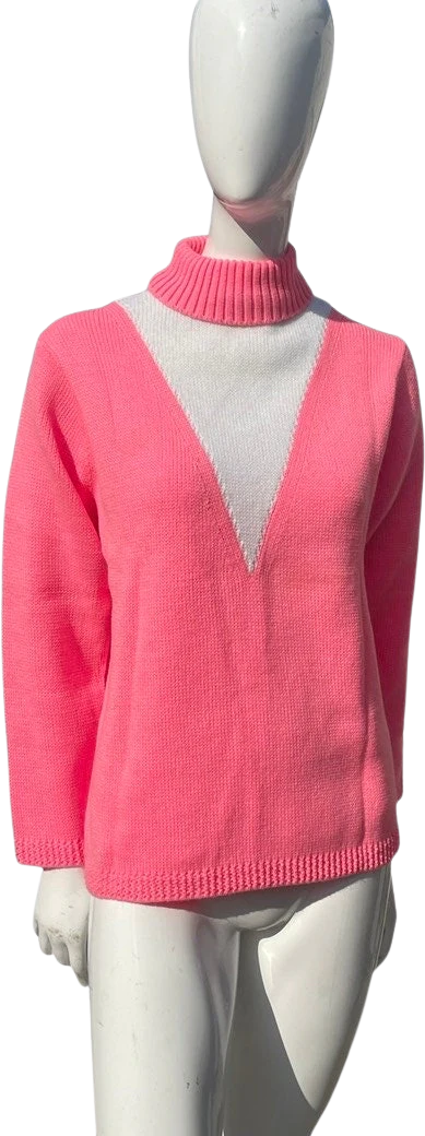 Vintage 60s Lady Union Acrylic Turtleneck Pink and White Dress In Mint Condition Size L Mod