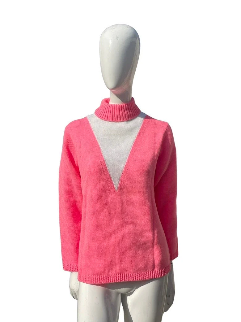 Vintage 60s Lady Union Acrylic Turtleneck Pink and White Dress In Mint Condition Size L Mod - Image 6