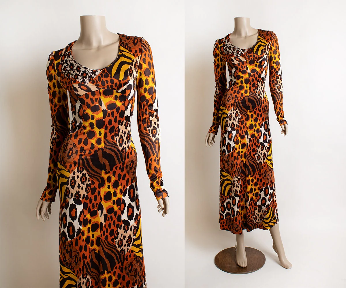 Vintage 60s Leopard Print Maxi Dress Tiger and Cheetah Cat Animal Print Wild Jungle Safari Long Sleeve Dress by Put On Small by Put On - Image 3