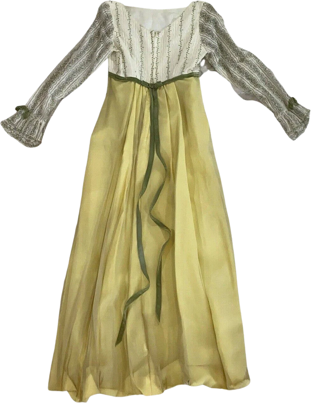 Vintage 60s Long Sleeve Empire Waist Maxi Dress Regency Lace Chiffon Velvet