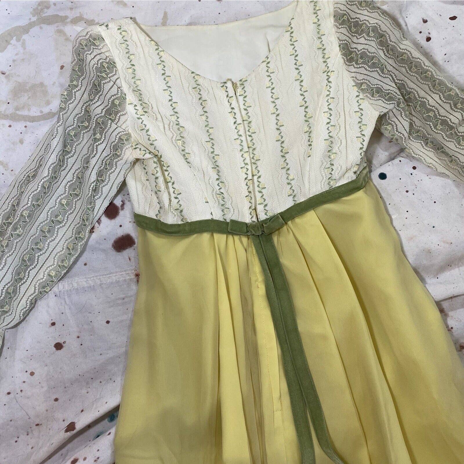 Vintage 60s Long Sleeve Empire Waist Maxi Dress Regency Lace Chiffon Velvet - Image 7