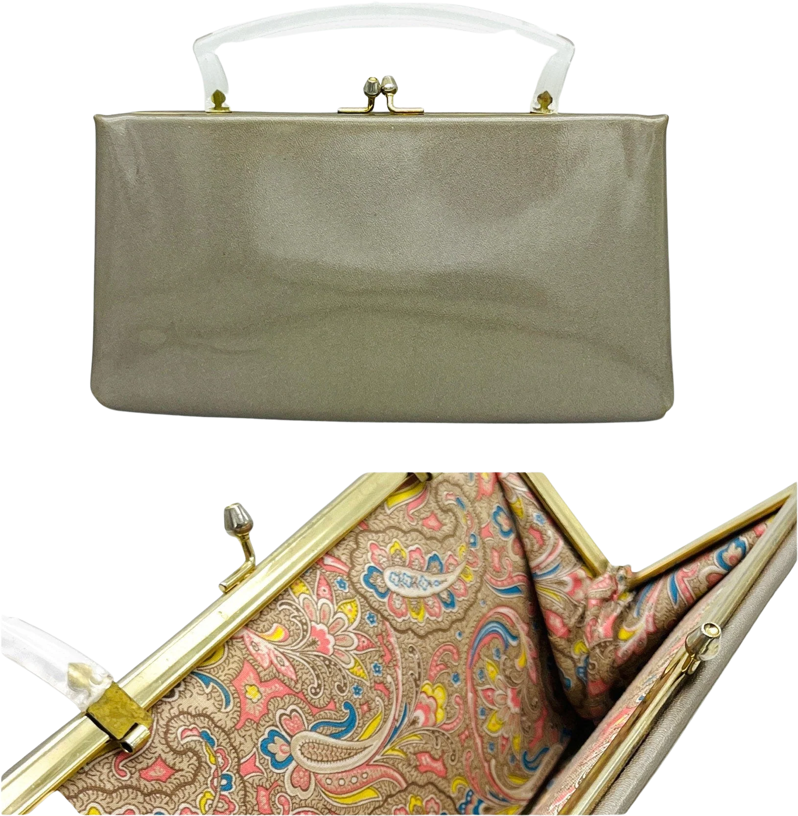 Vintage 60s Lucite Handle Taupe Purse