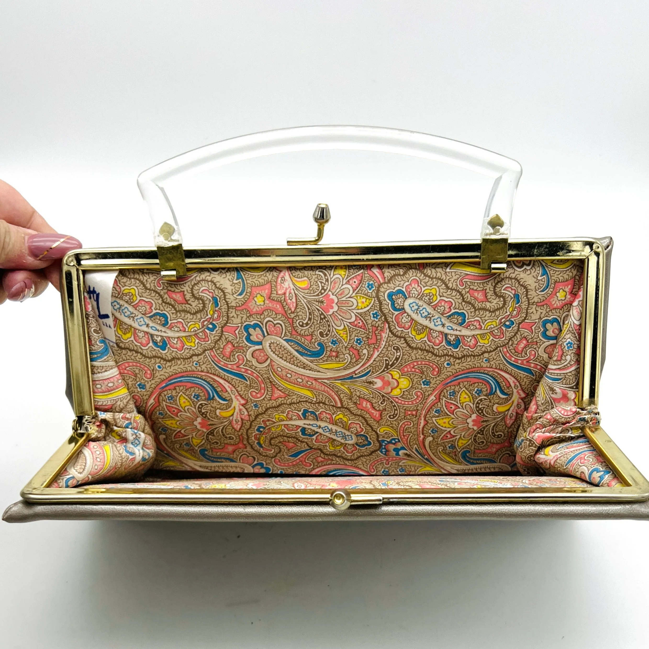 Vintage 60s Lucite Handle Taupe Purse - Image 5