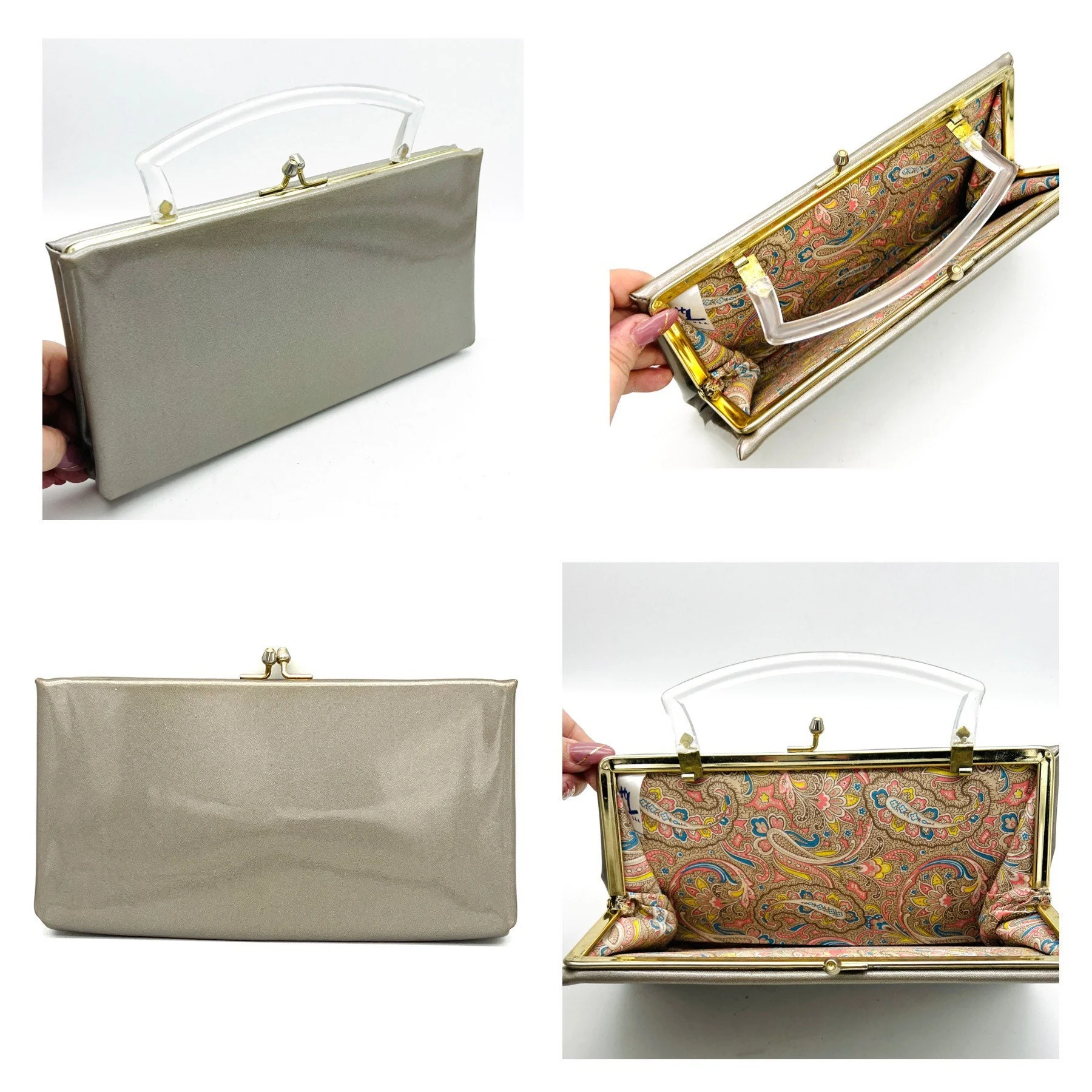 Vintage 60s Lucite Handle Taupe Purse - Image 6