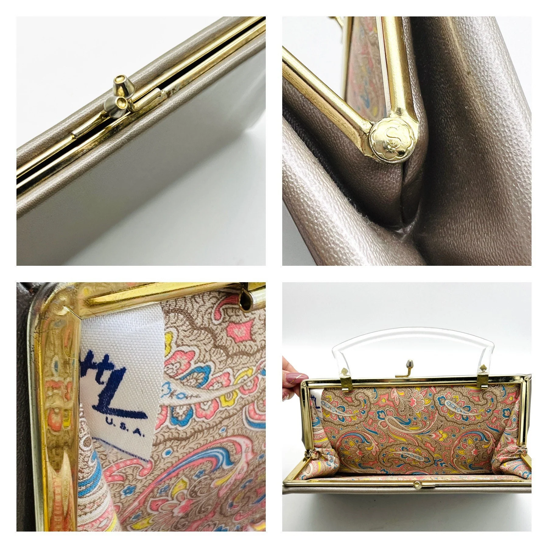 Vintage 60s Lucite Handle Taupe Purse - Image 8