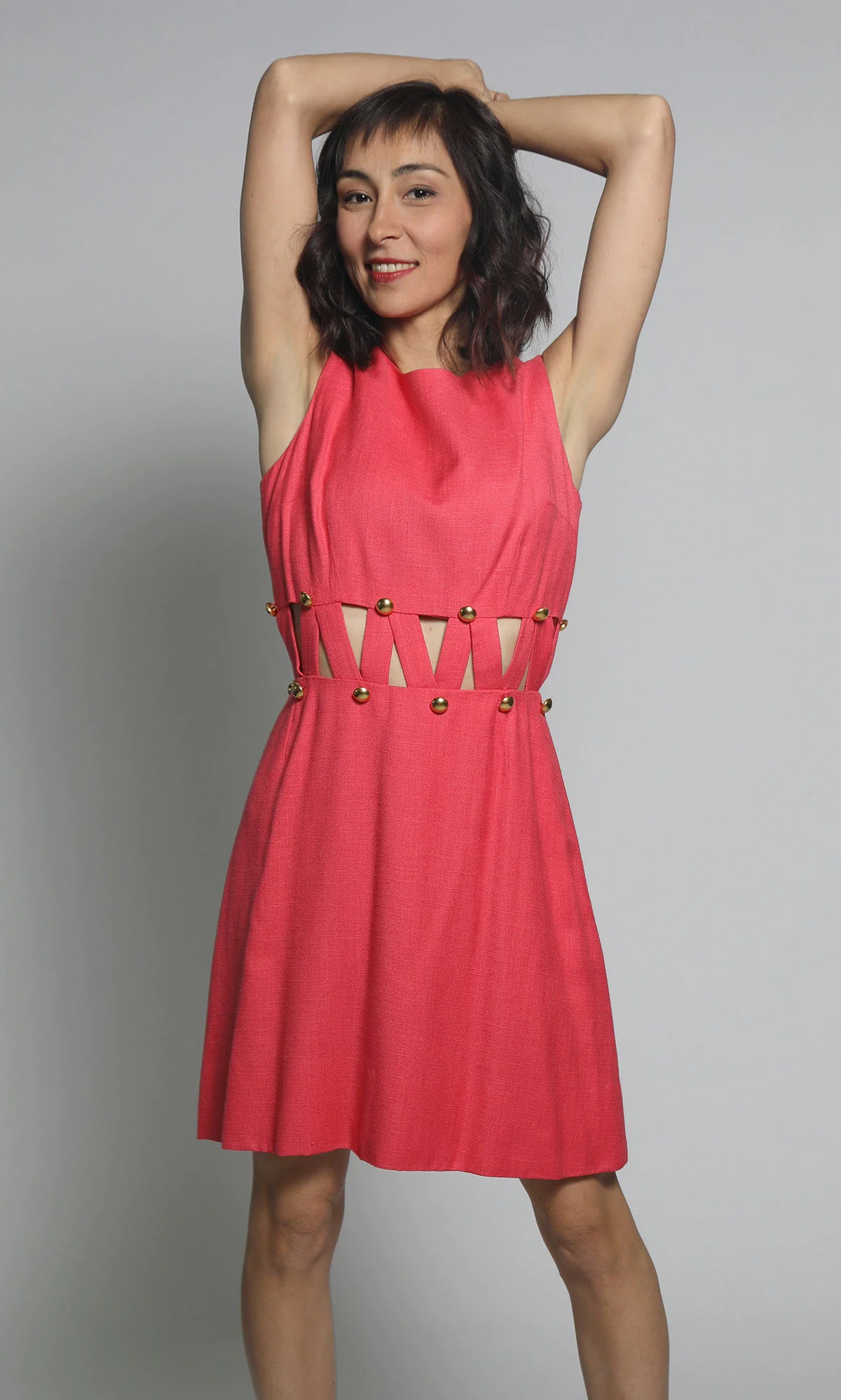 Vintage 60s Magnin Cutout Crisscross Open Waist Go-Go Style In Hot Pink Rayon Twiggy Dress - Small - Image 3