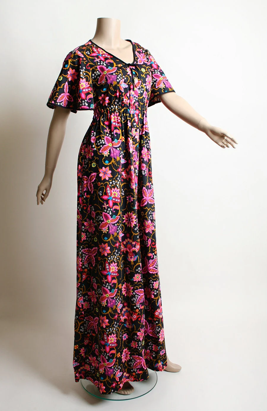 Vintage 60s Maxi Dress Psychedelic Hot Pink Floral Flutter Wing Sleeve Dress Floor Length Gown Small - Image 3