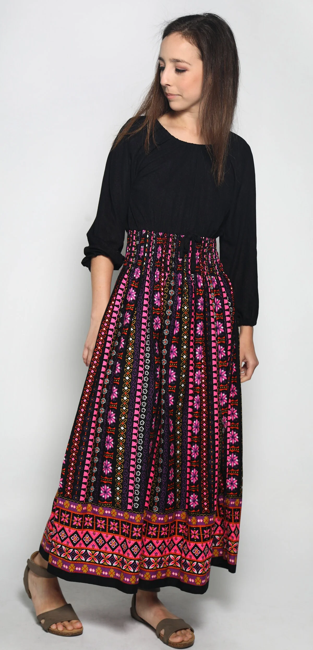 Vintage 60s Maxi Dress Psychedelic Neon Floral Print Dress Shirred Smocked Waist Black Blouse Bodice Medium Large - Image 5