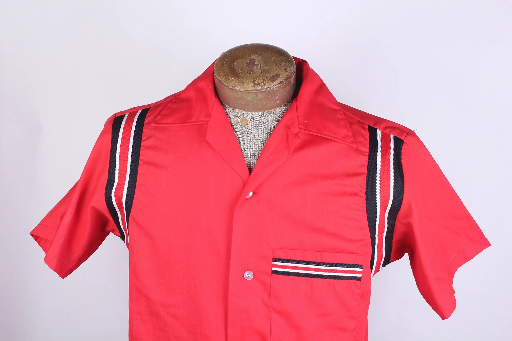 Vintage 60s Men's Hilton Brand Red Bowling Shirt with Black and White Trim Cotton by Hilton - Image 3
