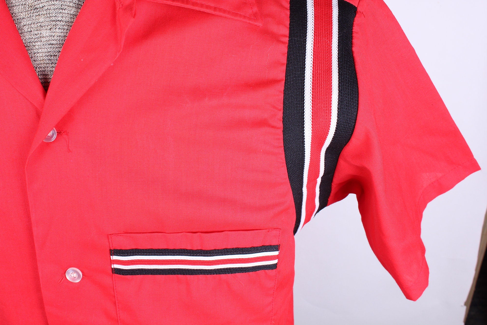 Vintage 60s Men's Hilton Brand Red Bowling Shirt with Black and White Trim Cotton by Hilton - Image 4