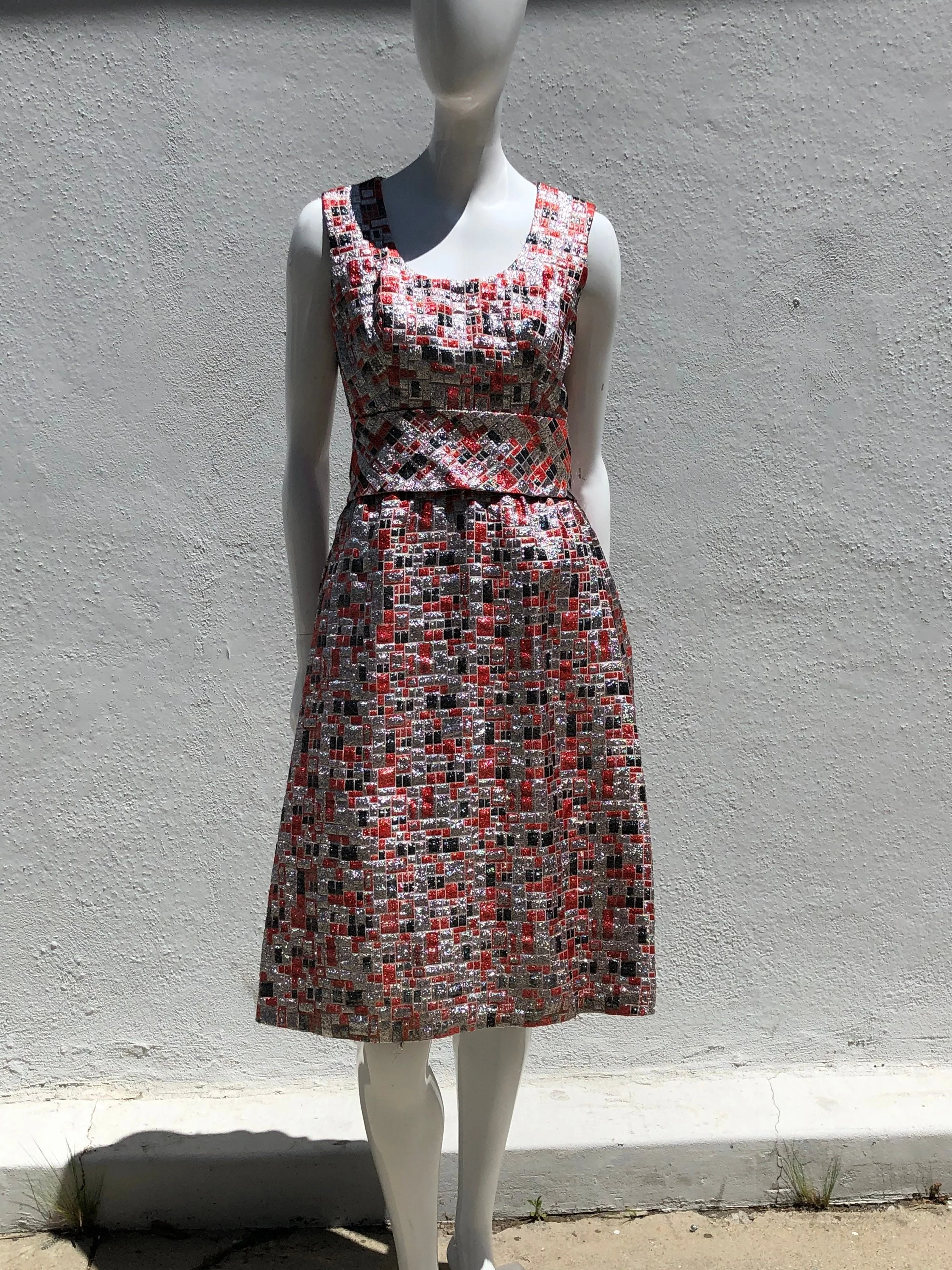Vintage 60s Metallic Lame Checkered Mod Mid Century Party Dress Size 7 Cocktail Palm Springs West Palm Beach Hostess Dress The - Image 2