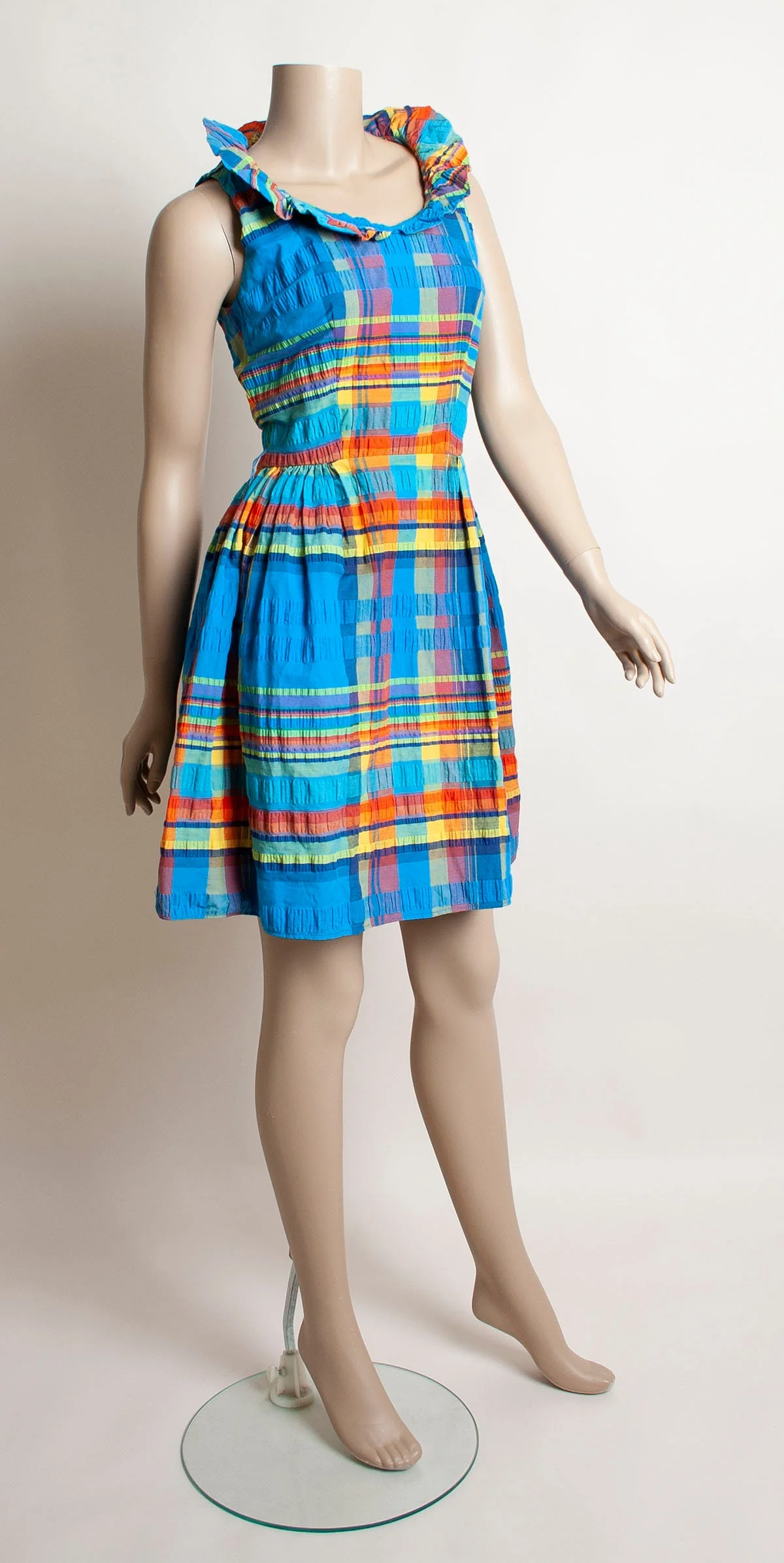 Vintage 60s Mini Dress Bright Blue Rainow Plaid Dolly Dress with Tall Ruffle Neckline Collar Xs - Image 4